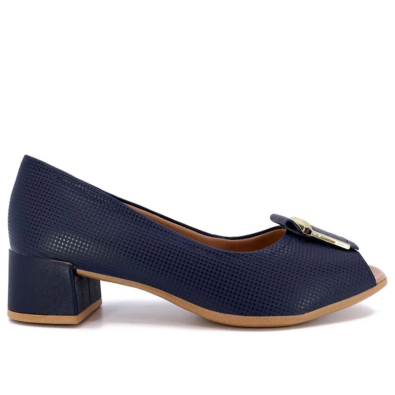 Imagem de Peep Toe Salto Bloco Couro Azul Fivela